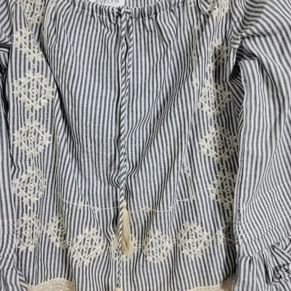 Tiered Ruffle Sleeve Top Shirt Small Cotton Lace Embroidery Striped Evelyn Boho - Picture 4 of 9
